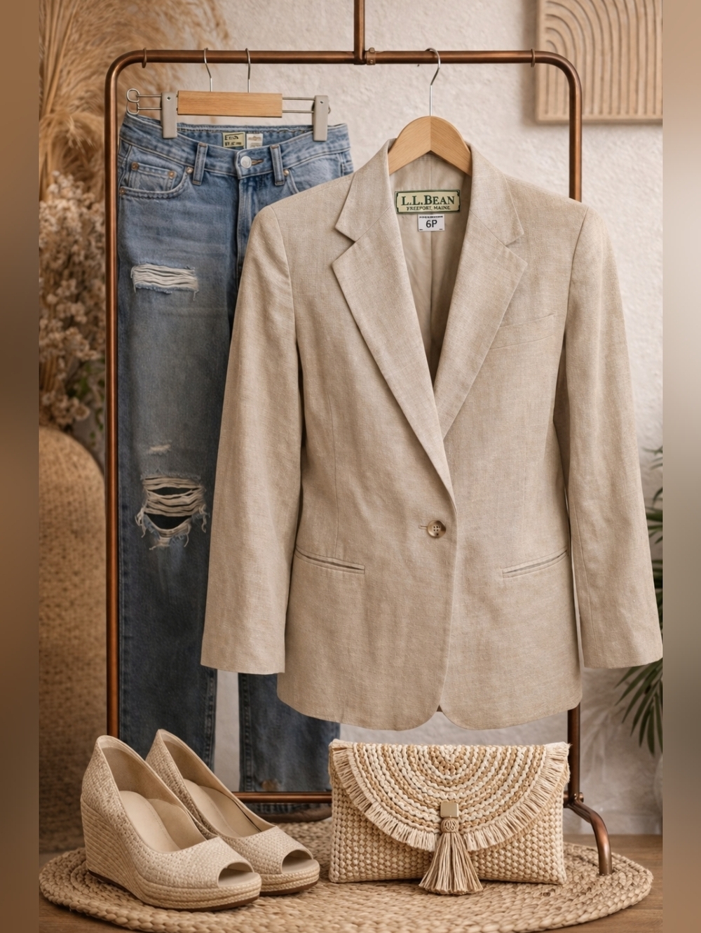 Vtg L.L. Bean Light Tan Single-Button Women's Linen Blazer 6P